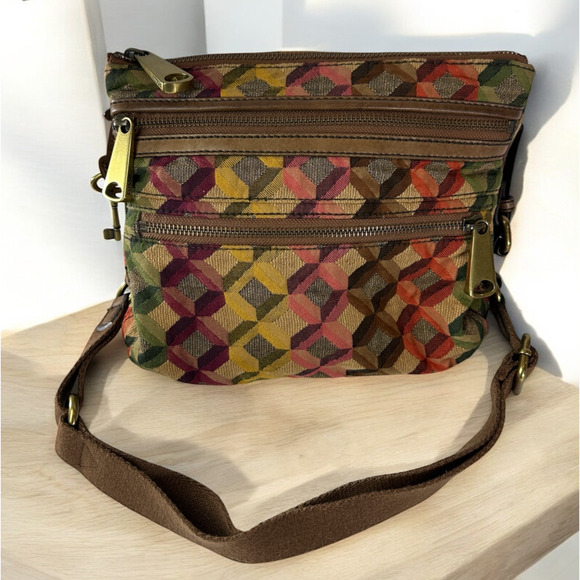Fossil Handbags - FOSSIL Diamond Tapestry Zip Crossbody Shoulder Bag Geo Hippie Boho Festival
